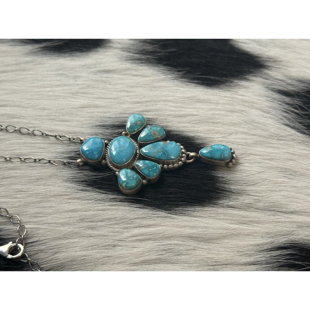 Native American SW Sterling Silver Blue Ridge Turquoise Cluster Blossom Necklace - Picture 7 of 9